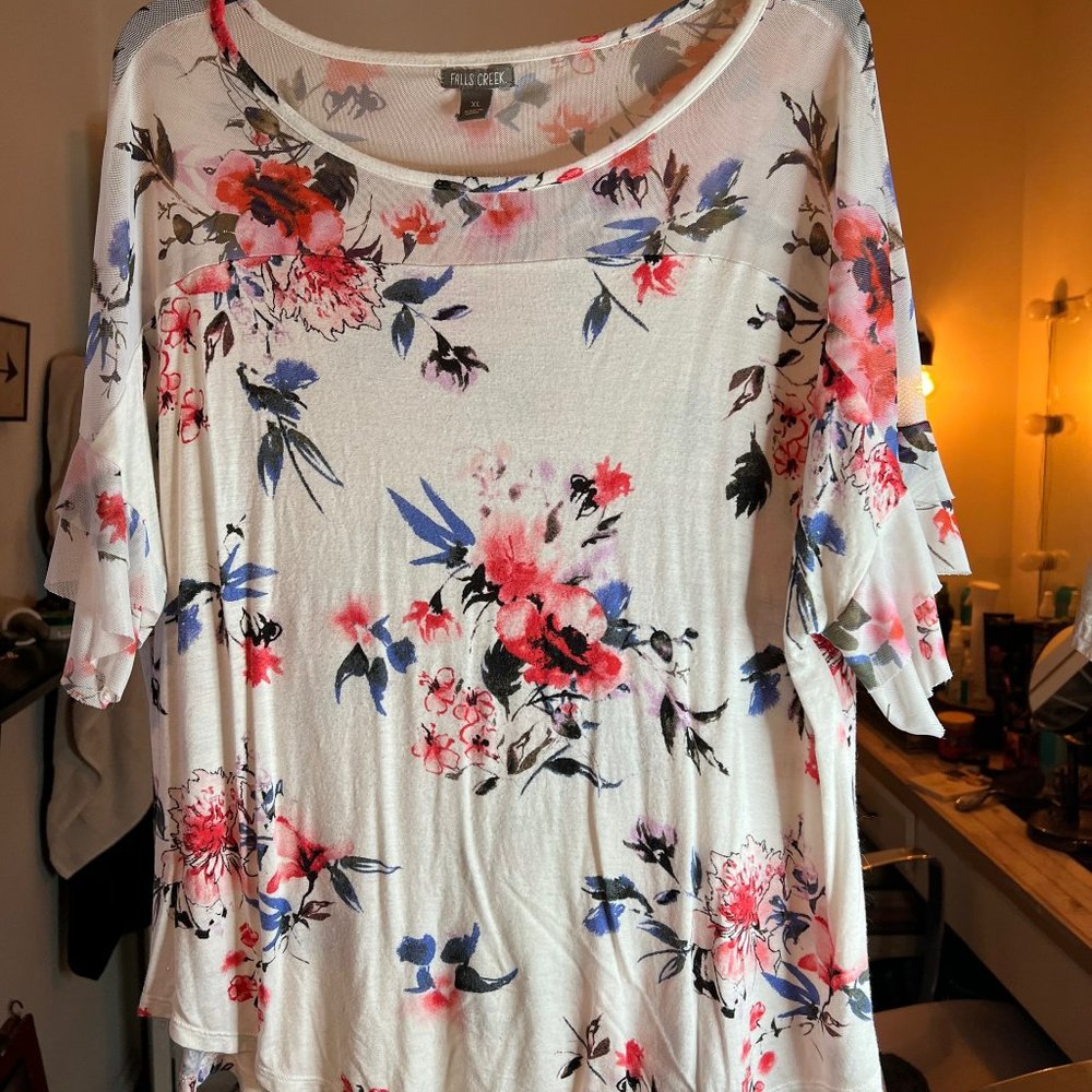 White Floral Blouse Mesh Top XL